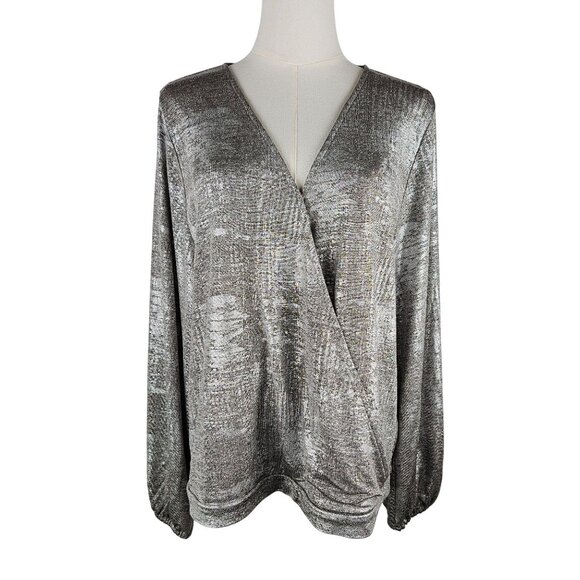 Anthropologie Carys Dolman Top Size Large Metallic Gold Silver Wrap - Picture 4 of 14